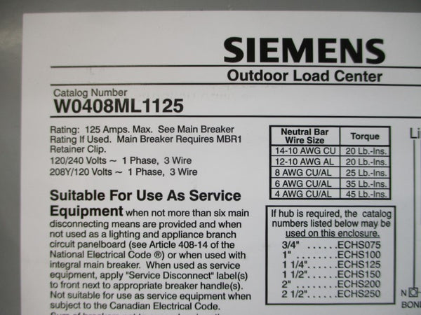 SIEMENS W0408ML1125 120/240V 125A (AS IS) NSNP