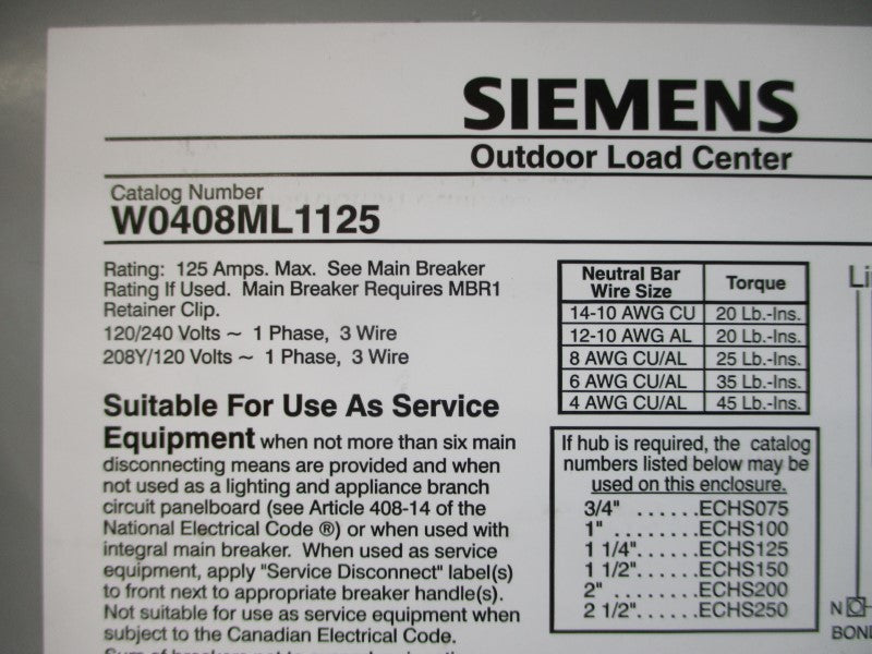 SIEMENS W0408ML1125 120/240V 125A (AS IS) NSNP