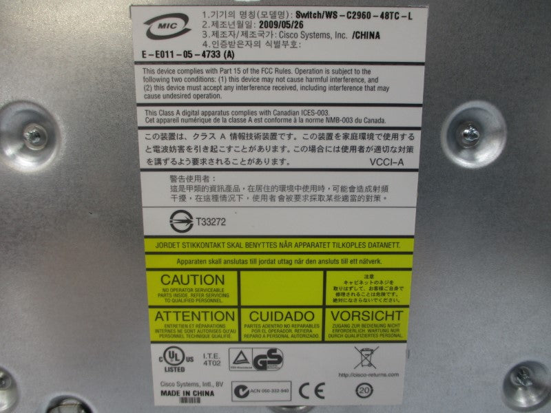 CISCO WS-C2960-48TC-L 100-240V 1.3-.8A NSNP