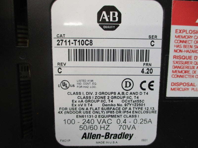 ALLEN BRADLEY 2711-T10C8 SER. C F/W 4.20 100-240VAC 0.4-0.25A REV. C (AS PICTURED) NSNP