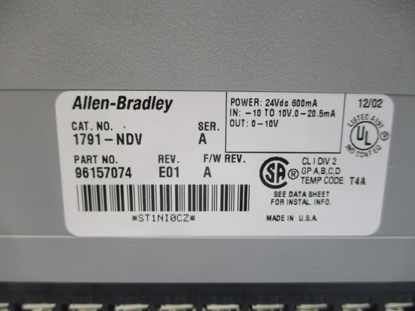 ALLEN BRADLEY 1791-NDV SER. A F/W A 24VDC REV. E01 NSMP