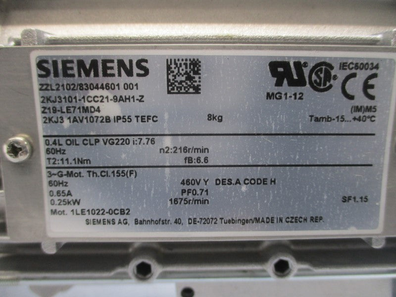 SIEMENS 2KJ3101-1CC21-9AH1-Z 460V 0.65A NSNP