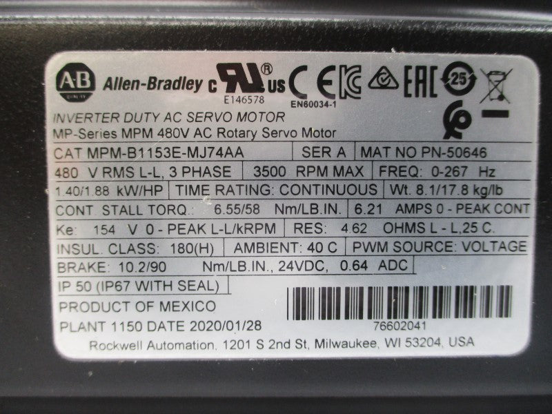 ALLEN BRADLEY MPM-B1153E-MJ74AA SER. A 480VAC 6.21A NSMP