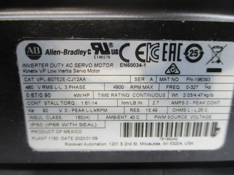 ALLEN BRADLEY VPL-B0752E-CJ12AA SER. A 480VAC 2.7A NSMP