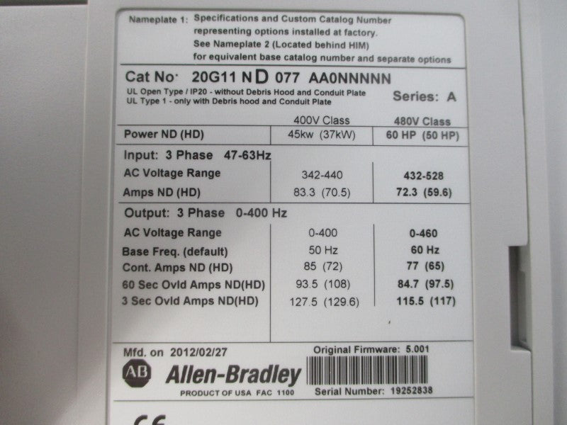 ALLEN BRADLEY 20G11ND077AA0NNNNN SER. A F/W 5.001 480VAC 77A NSMP