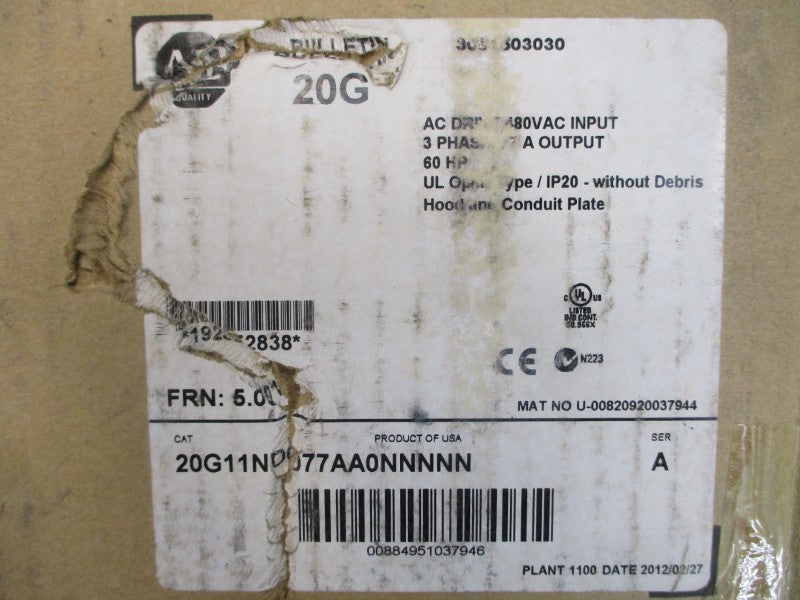 ALLEN BRADLEY 20G11ND077AA0NNNNN SER. A F/W 5.001 480VAC 77A NSMP