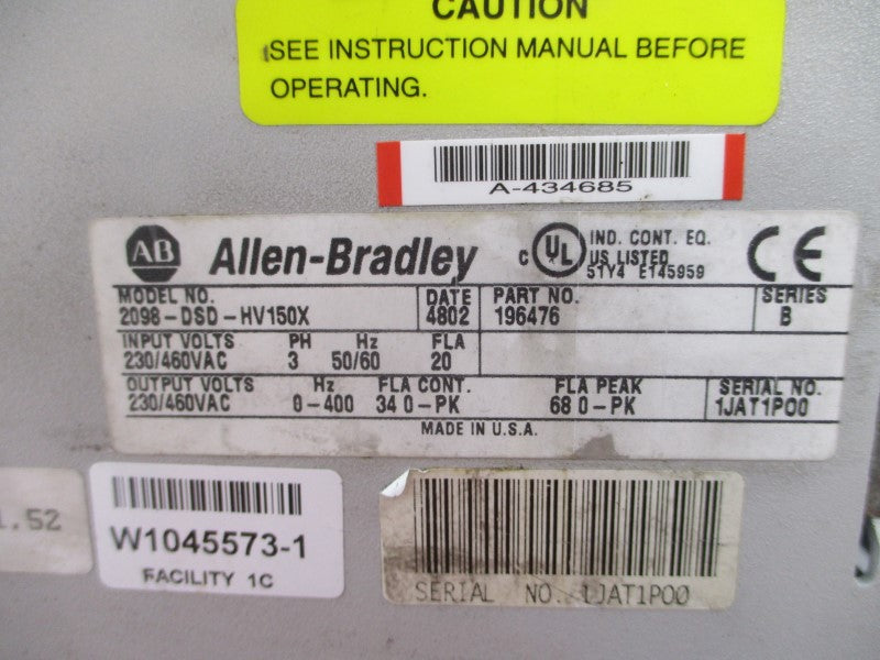 ALLEN BRADLEY 2098-DSD-HV150X SER. B 230/460VAC 20A UNMP