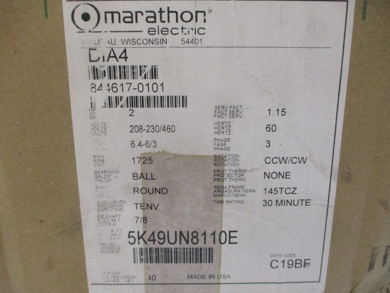 MARATHON ELECTRIC D1A4 5K49UN8110E 208-230/460V 6.4-6/3A NSMP