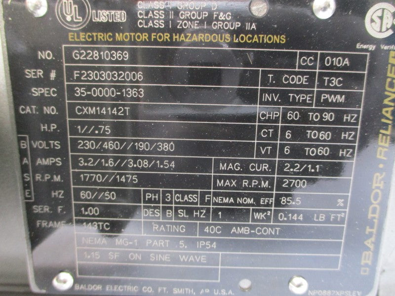 BALDOR CXM14142T 230/460//3.08/1.54V 3.2/1.6//3.08/1.54A NSMP