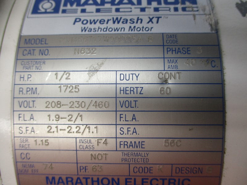 MARATHON ELECTRIC N632 MVM56T17W99005AB 208-230/460V 1.9-2/1A NSNP