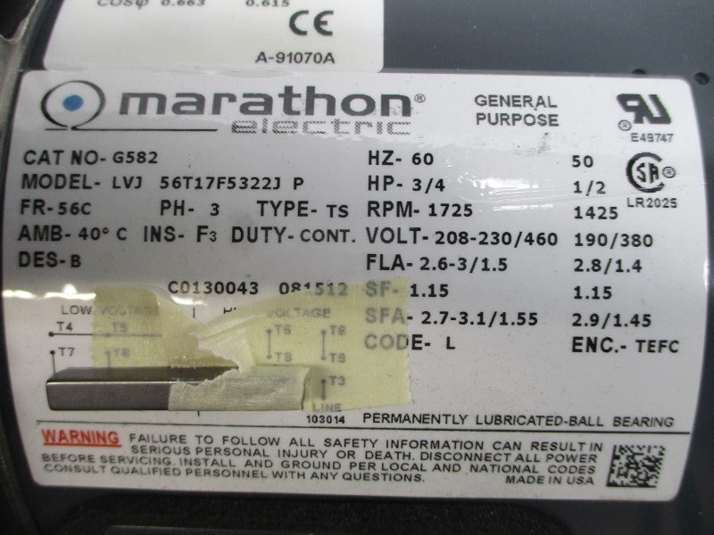 MARATHON ELECTRIC G582 LVJ56T17F5322JP 208-230/460V 2.6-3/1.5A NSMP