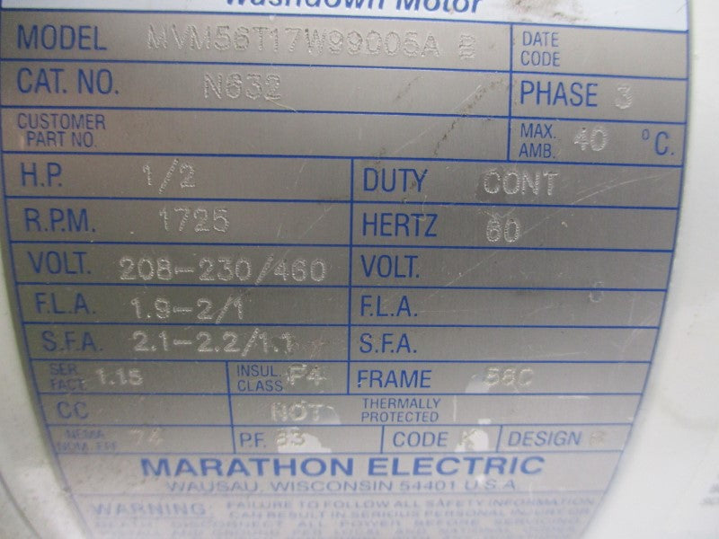 MARATHON ELECTRIC N632 MVM56T17W99005AB 208-230/460V 1.9-2/1A NSMP