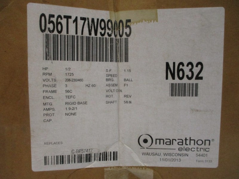 MARATHON ELECTRIC N632 MVM56T17W99005AB 208-230/460V 1.9-2/1A NSMP