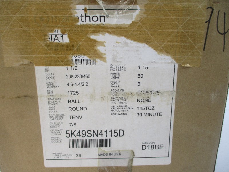 MARATHON ELECTRIC 5K49SN4115D D1A1 208-230/460V 4.6-4.4/2.2A NSMP