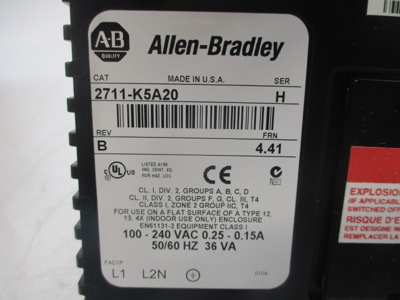 ALLEN BRADLEY 2711-K5A20 SER. H F/W 4.41 100-240VAC 0.25-0.15A REV. B NSMP