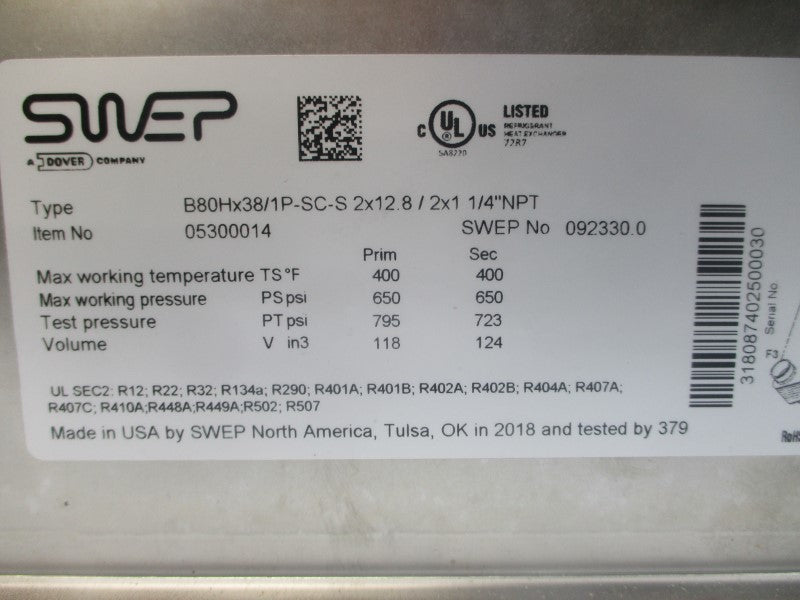 SWEP DOVER B80HX38/1P-SC-S 05300014 650PSI NSNP