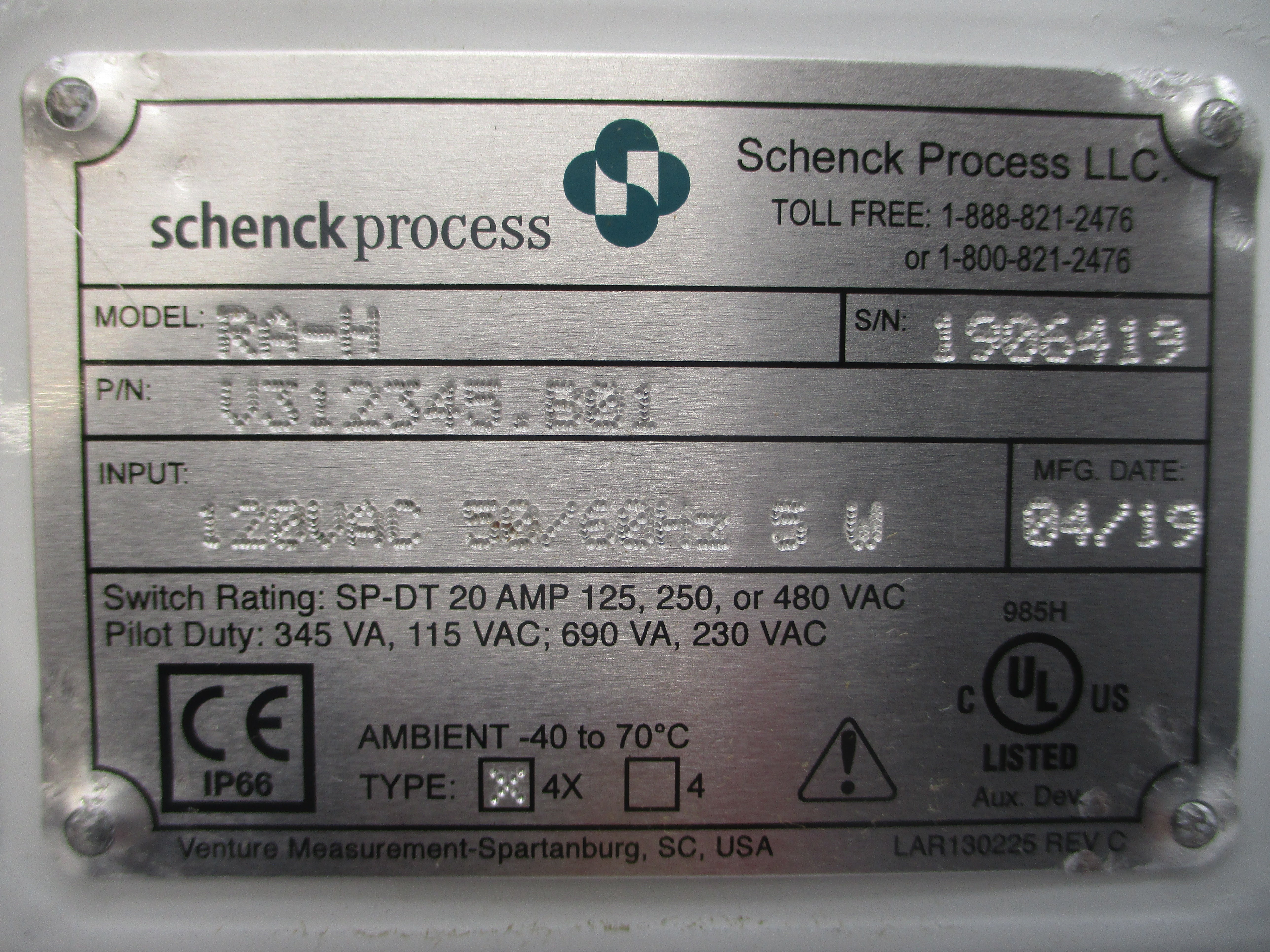 SCHENCK PROCESS RA-H V312345.B01 120VAC 20A NSNP