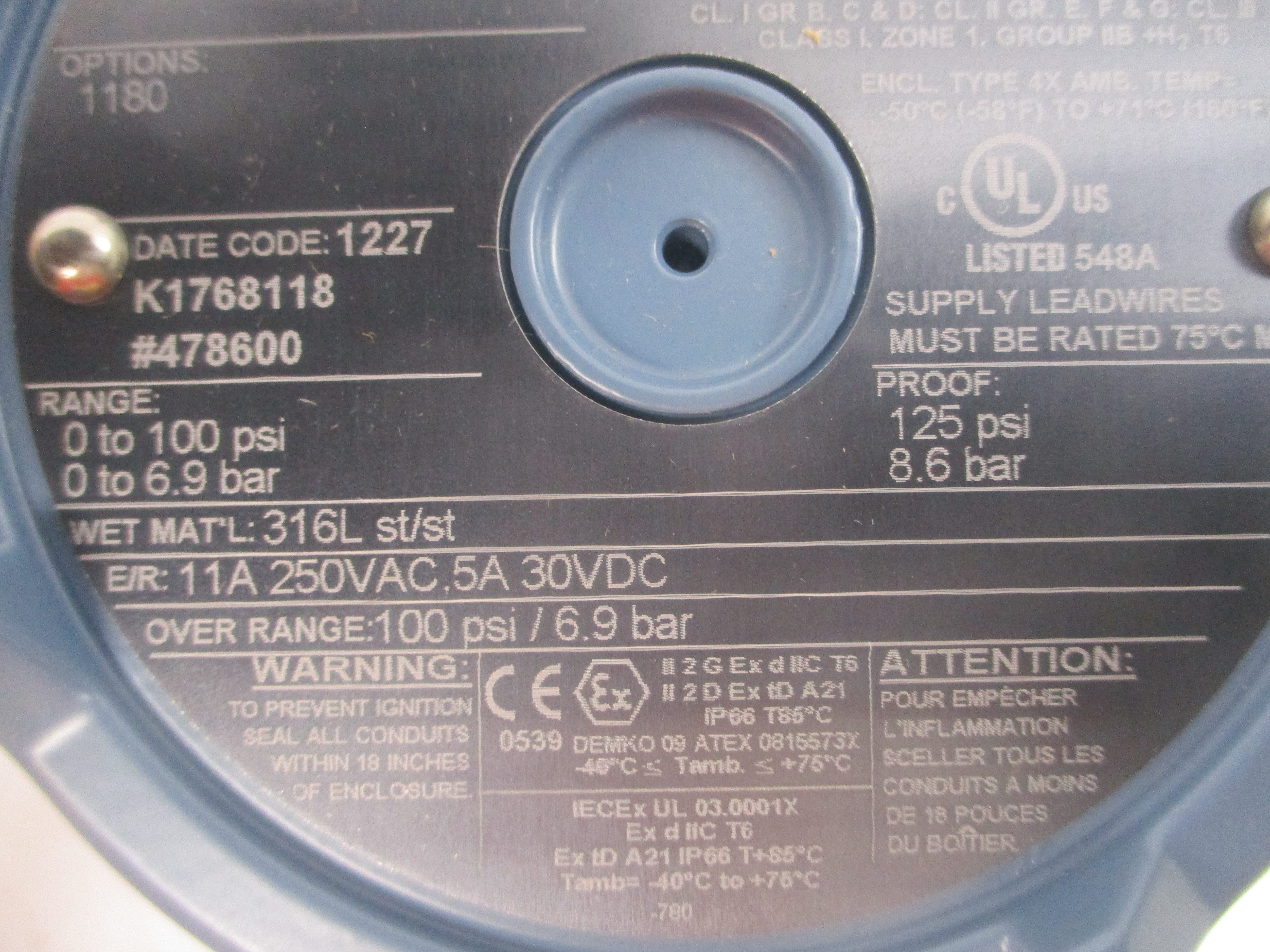 UNITED ELECTRIC H122P-S156B 250VAC 11A 0-100PSI NSMP