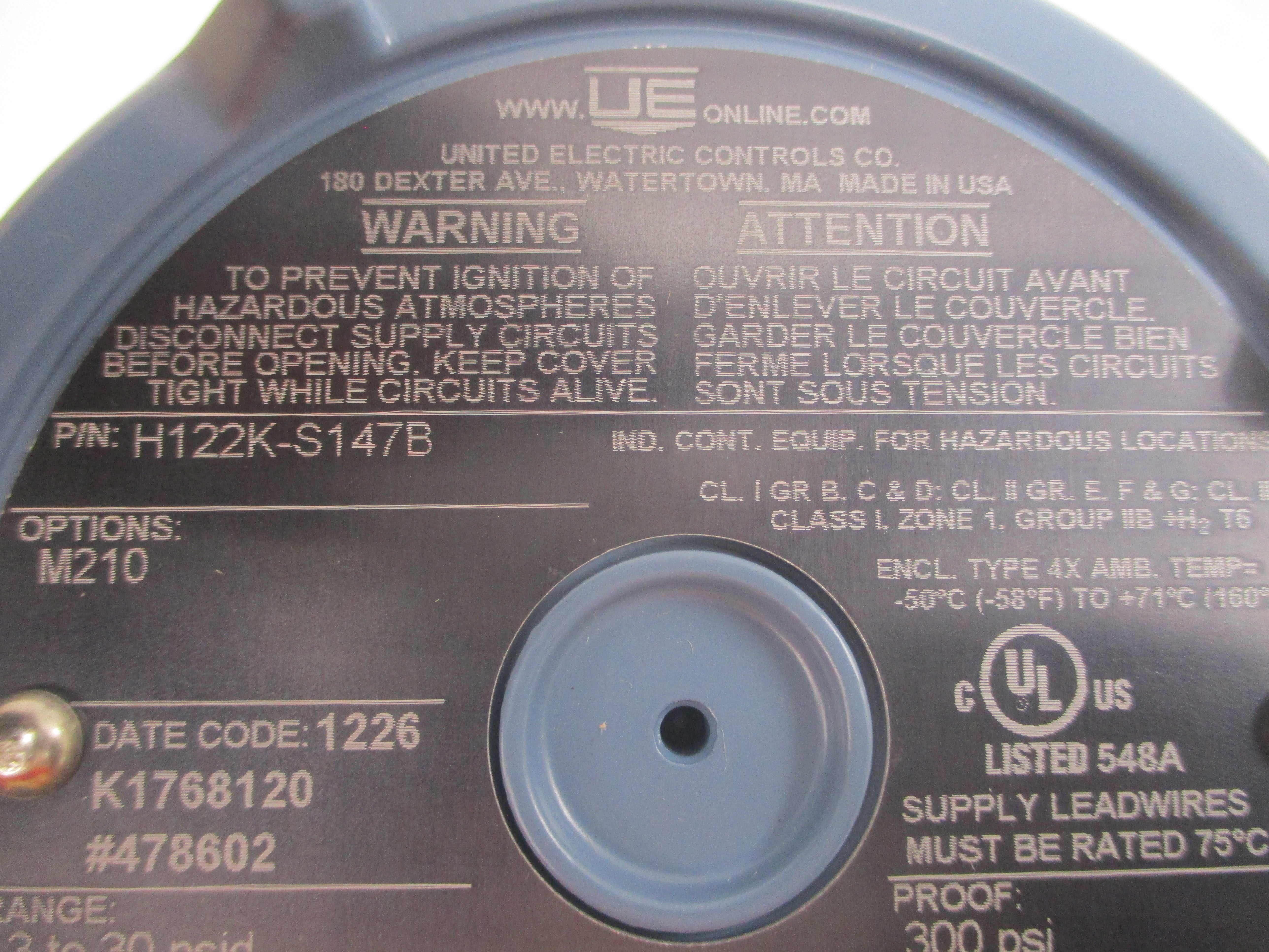 UNITED ELECTRIC H122K-S147B 480VAC 15A 3-30PSI NSMP
