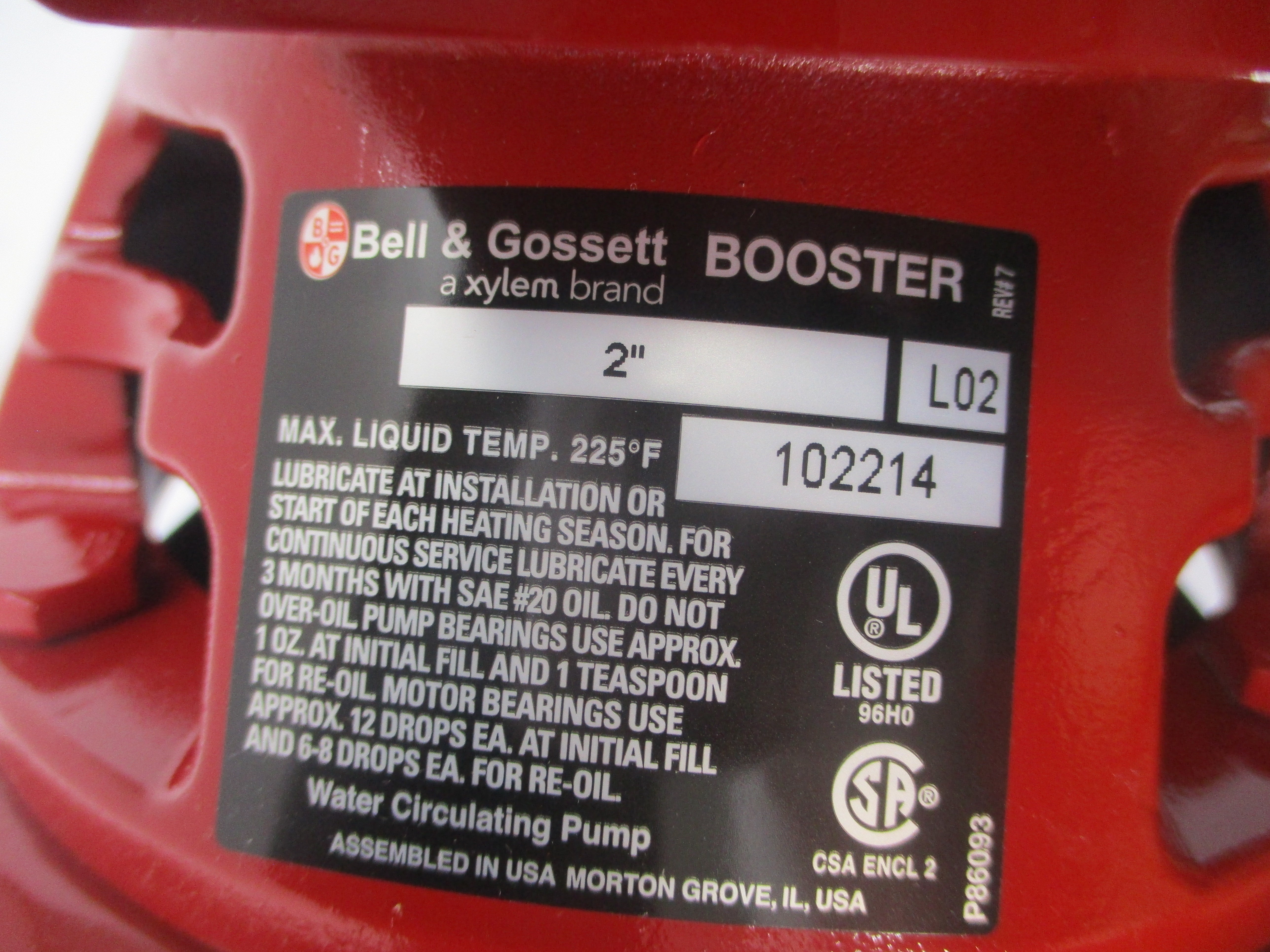 BELL & GOSSETT L02 102214 115V 1.9A 2" NSMP