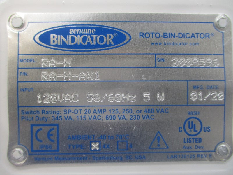 GENUINE BINDICATOR RA-H RA-H-AX1 120VAC 20A NSNP