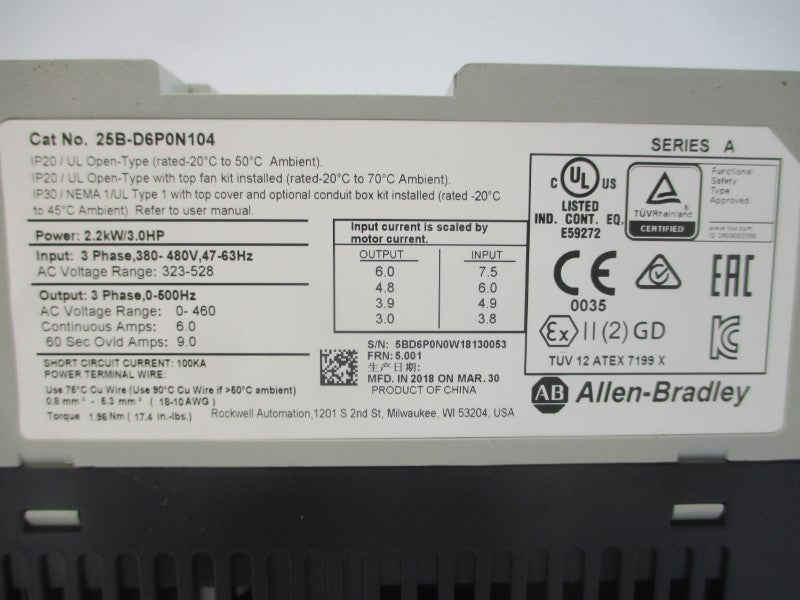 ALLEN BRADLEY 25B-D6P0N104 SER. A F/W 5.001 323-528VAC 7.5-3.8A NSNP
