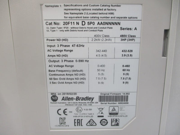 ALLEN BRADLEY 20F11ND5P0AA0NNNNN SER. A F/W 14.002 480VAC 5A NSMP