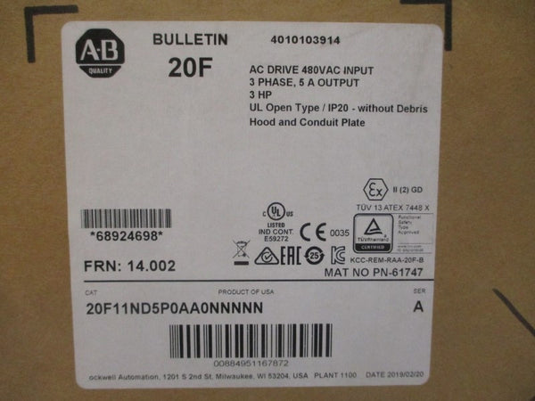 ALLEN BRADLEY 20F11ND5P0AA0NNNNN SER. A F/W 14.002 480VAC 5A NSMP