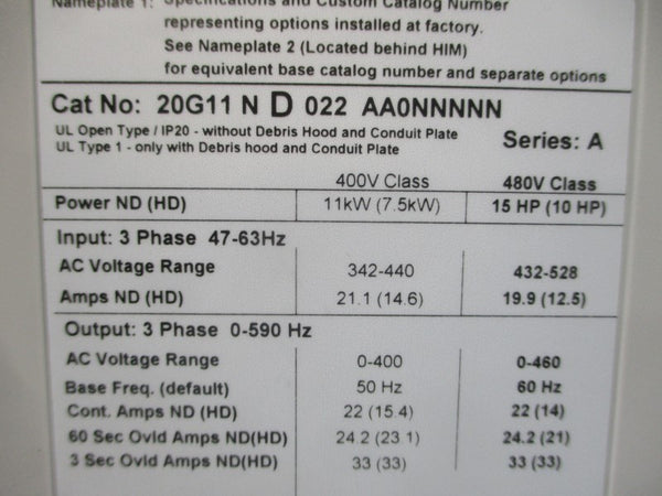 ALLEN BRADLEY 20G11ND022AA0NNNNN SER. A F/W 13.003 480VAC 22A NSNP