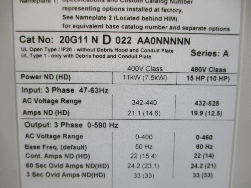 ALLEN BRADLEY 20G11ND022AA0NNNNN SER. A F/W 13.003 480VAC 22A NSNP