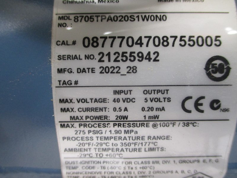 ROSEMOUNT 8705TPA020S1W0N0 40VDC 0.5A 275PSI NSMP