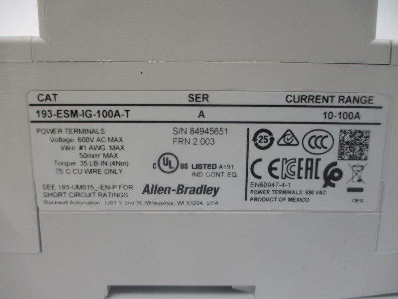 ALLEN BRADLEY 193-ESM-IG-100A-T SER. A 600VAC 10-100A (BR/WH) NSMP