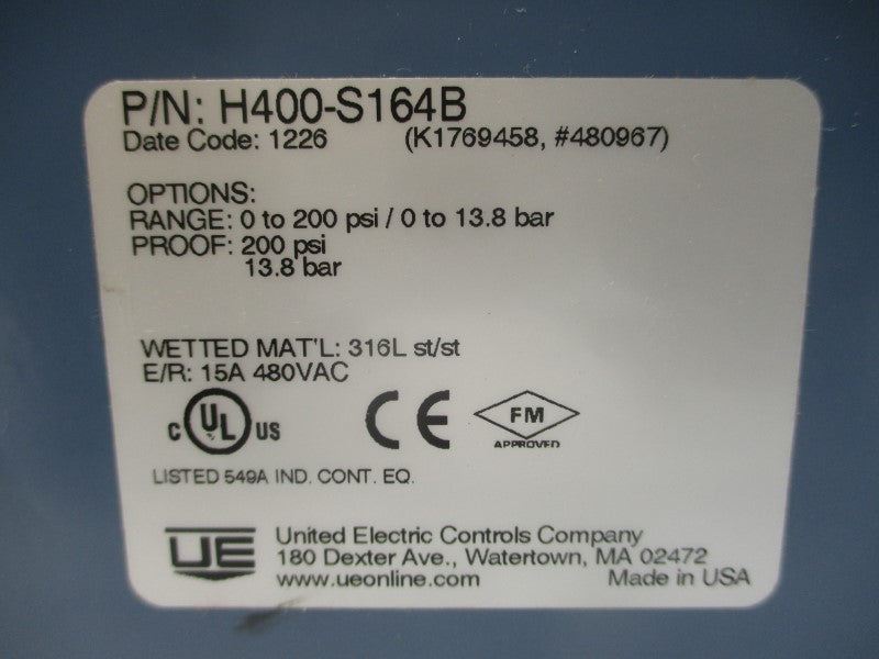 UNITED ELECTRIC H400-S164B 480VAC 15A 0-200PSI NSMP