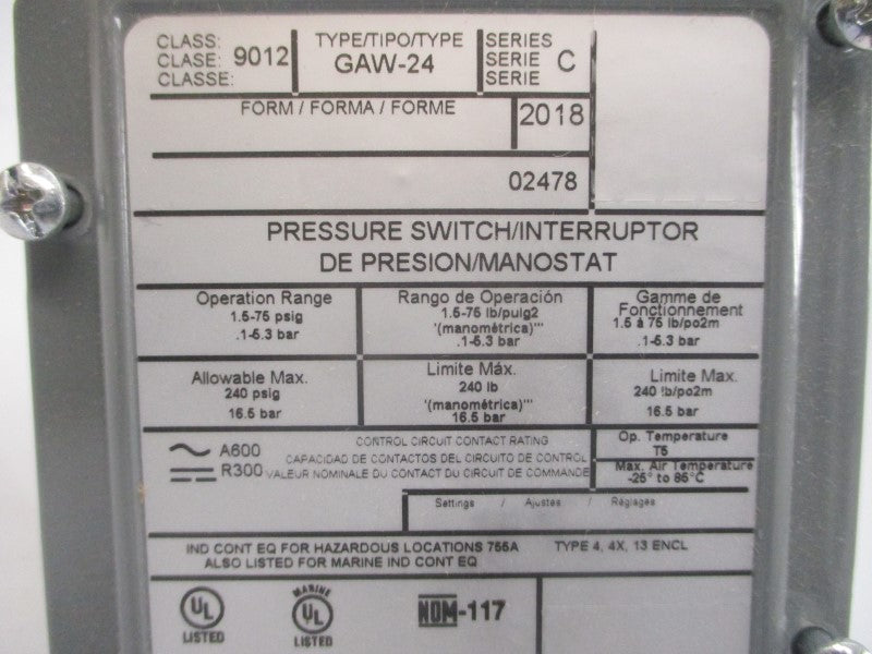 SQUARE D 9012GAW-24 SER. C 1.5-75PSI NSMP