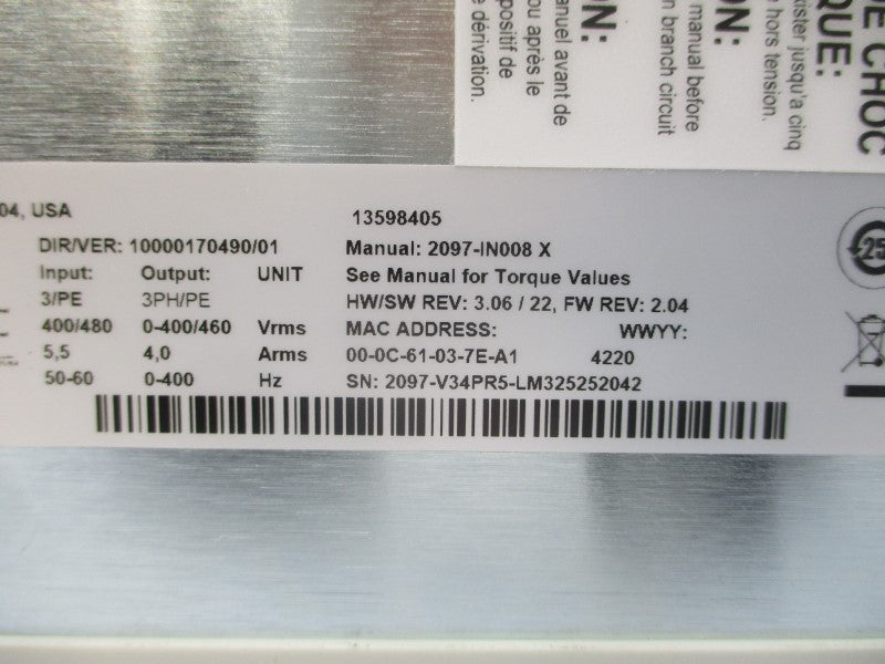 ALLEN BRADLEY 2097-V34PR5-LM SER. A 400/480VAC 4.0A REV. 3.06/22 NSMP