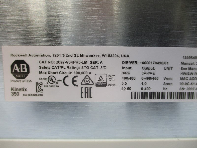ALLEN BRADLEY 2097-V34PR5-LM SER. A 400/480VAC 4.0A REV. 3.06/22 NSMP