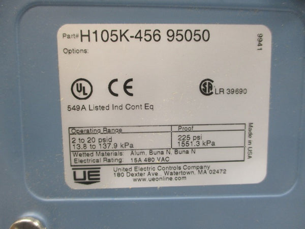 UNITED ELECTRIC CONTROLS H105K-45695050 480VAC 15A 2-20PSI NSMP