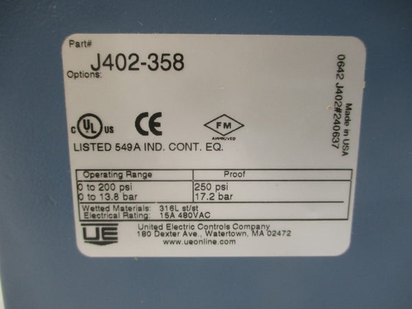 UNITED ELECTRIC CONTROLS J402-358 480VAC 15A 0-200PSI NSMP