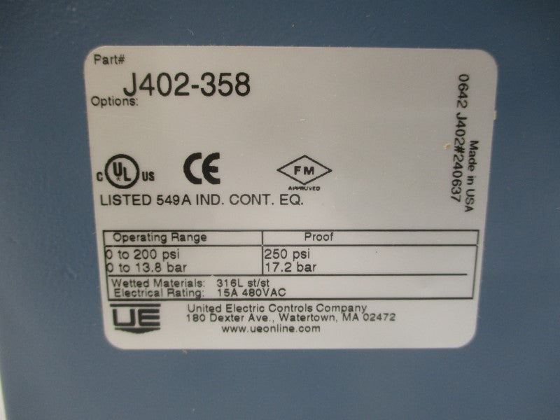UNITED ELECTRIC CONTROLS J402-358 480VAC 15A 0-200PSI NSMP