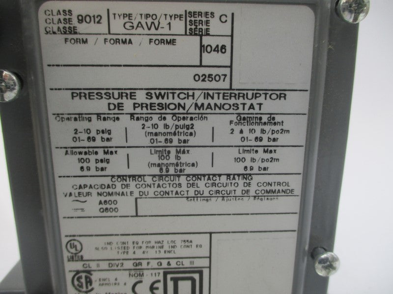 SQUARE D 9012GAW-1 SER. C 5.0PSI NSMP