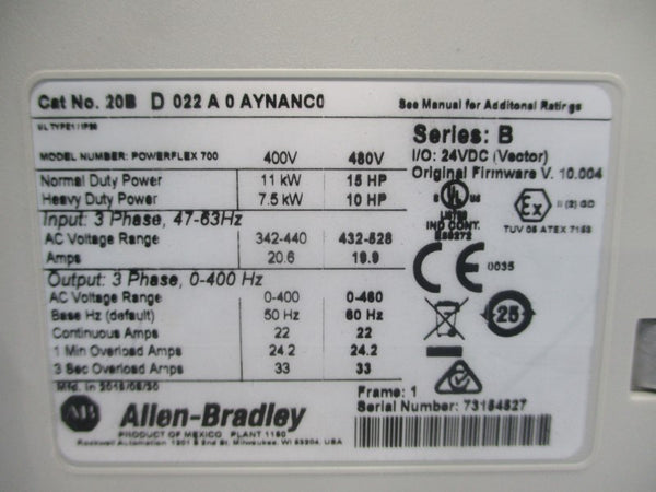 ALLEN BRADLEY 20BD022A0AYNANC0 SER. B F/W V.10.004 480VAC 22A NSNP