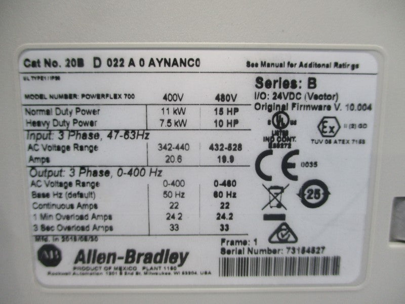 ALLEN BRADLEY 20BD022A0AYNANC0 SER. B F/W V.10.004 480VAC 22A NSNP