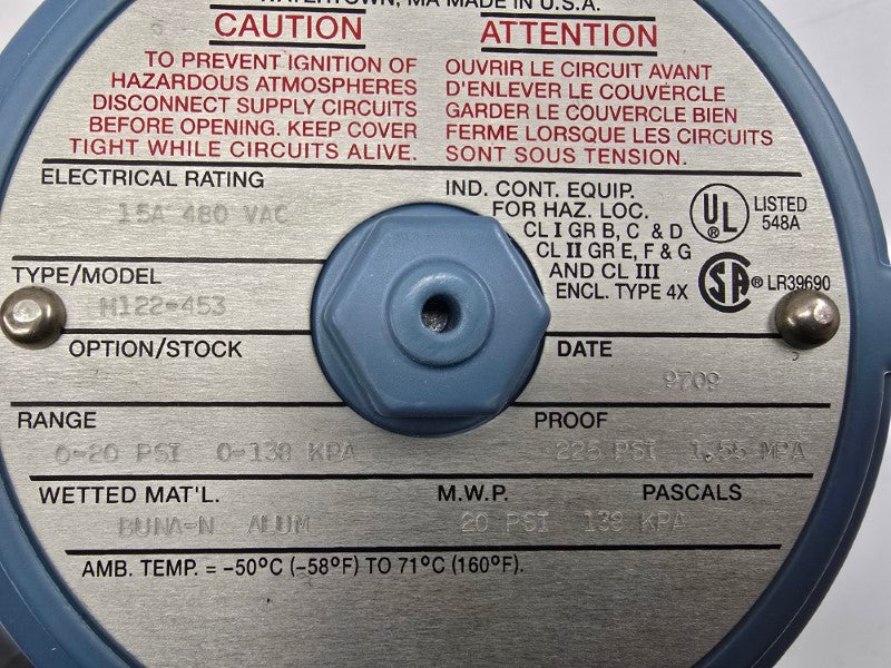 UNITED ELECTRIC H122-453 480VAC 15A 0-20PSI NSMP