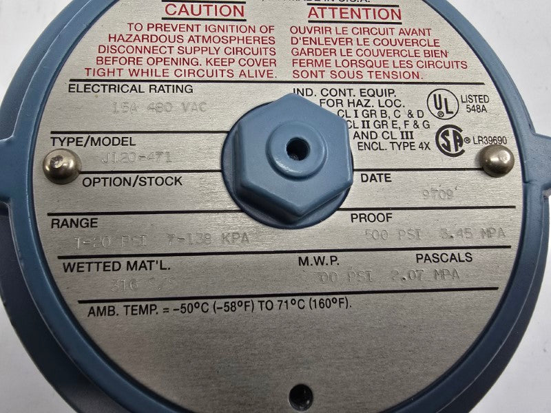 UNITED ELECTRIC J120-471 480VAC 15A 1-20PSI NSMP