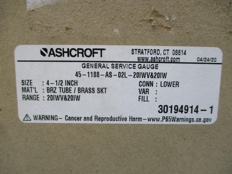 ASHCROFT 45-1188-AS-02L-20IWV&20IW -20-20"H2O 4-1/2" NSMP