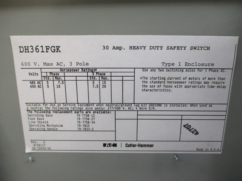 EATON DH361FGK SER. A 600VAC 30A NSMP