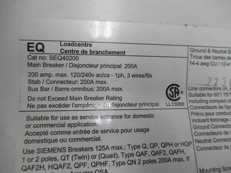 SIEMENS SEQ40200 120/240VAC 200A (AS PICTURED) NSNP