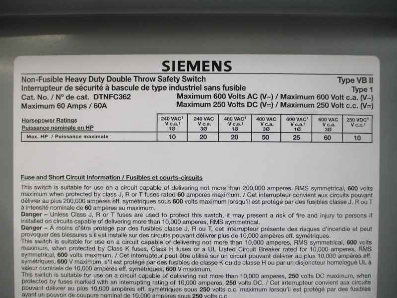 SIEMENS DTNFC362 600VAC 60A UNMP