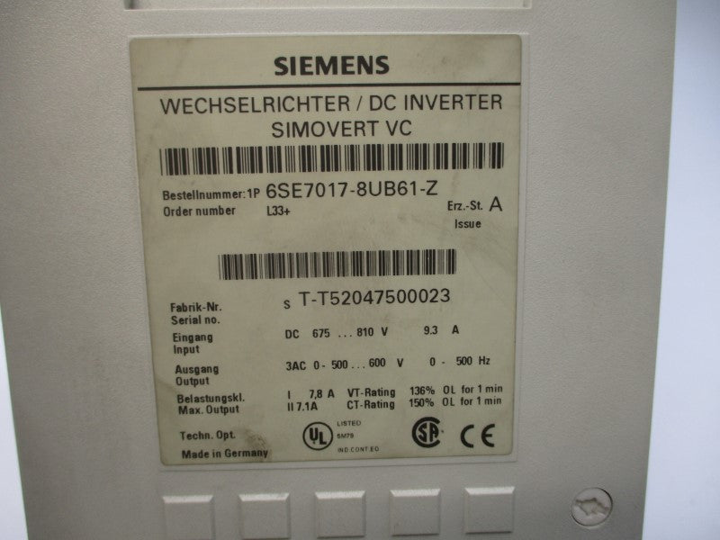 SIEMENS 6SE7017-8UB61-Z 675-810VDC 9.3A UNMP