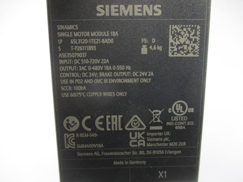 SIEMENS 6SL3120-1TE21-8AD0 510-720VDC 22A NSNP